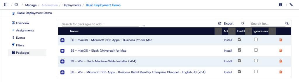 Application Workspace screenshot depicting various packages added to a deployment.