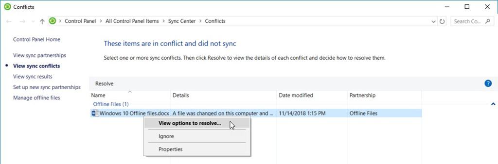 Windows 10 Offline Files - Sync Conflicts - View Options to Resolve Windows 10 Offline Files - Sync Conflicts - View Options to Resolve
