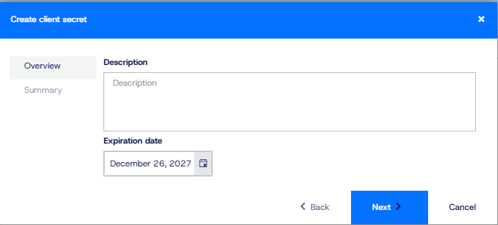 Screenshot showing the client description and expiration fields in the portal as part of demoing the Application Workspace PowerBI Reporting Template