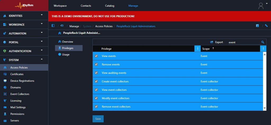 Access Policies in Application Workspace - All privileges 