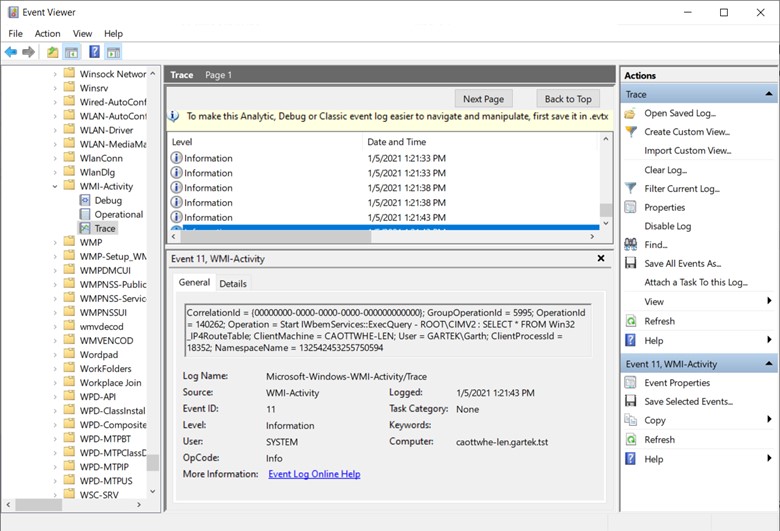 Enable WMI Logging - Event Viewer - WMI Logging Enabled