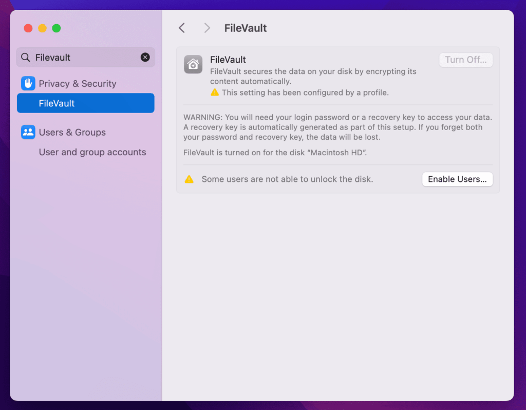 macOS Security Controls - End User FileVault Disable