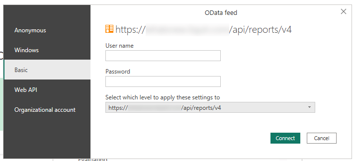 Screenshot showing the basic authentication pop-up as part of demoing the Application Workspace PowerBI Reporting Template