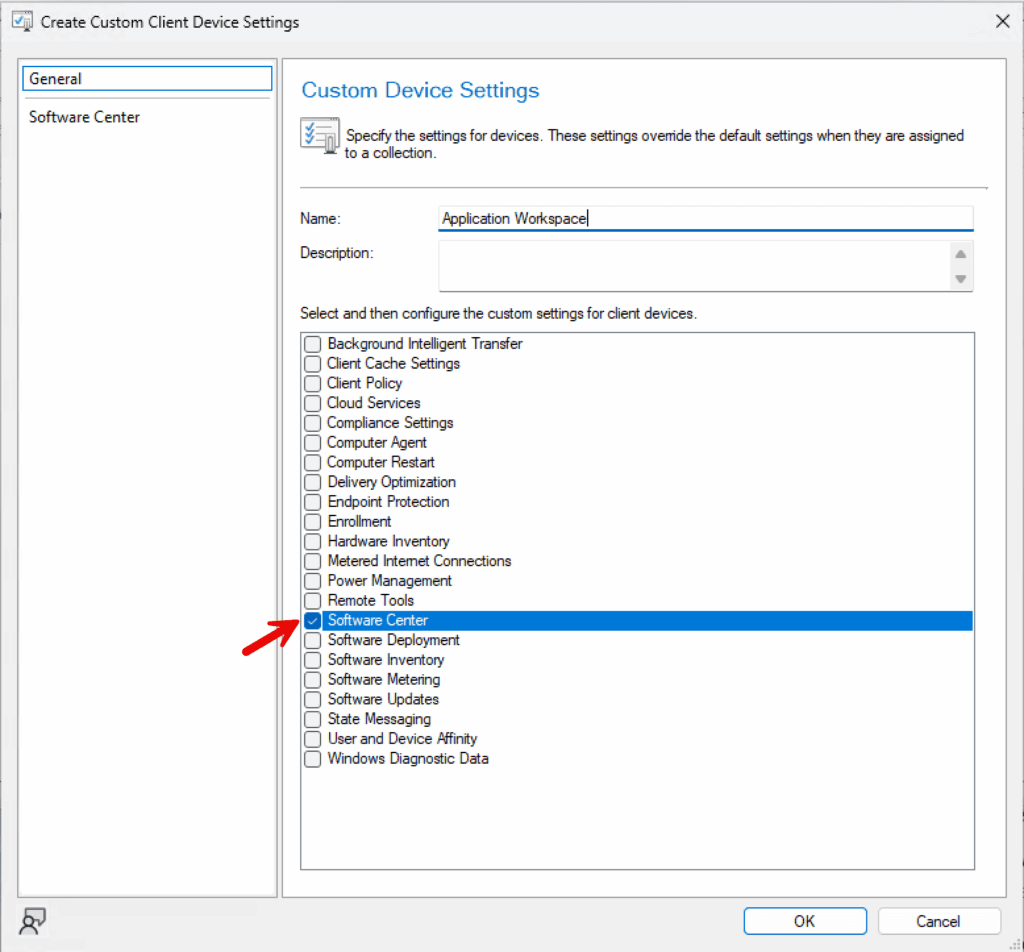 Application Workspace from Software Center - name policy