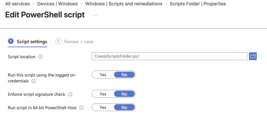 Deploy PowerShell scripts with Intune - PowerShell script settings