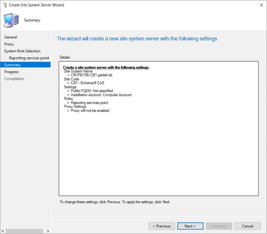 Power BI Report Server as a ConfigMgr Reporting Services Point - Create Site System Server Wizard-Summary Node Power BI Report Server as a ConfigMgr Reporting Services Point - Create Site System Server Wizard-Summary Node