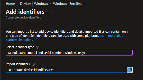 Screenshot of Add Identifiers page in Microsoft Intune showing what to set fields to.