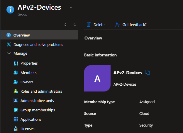 Screenshot of Entra Device group "APV2-Devices" created for purpose of demonstration.