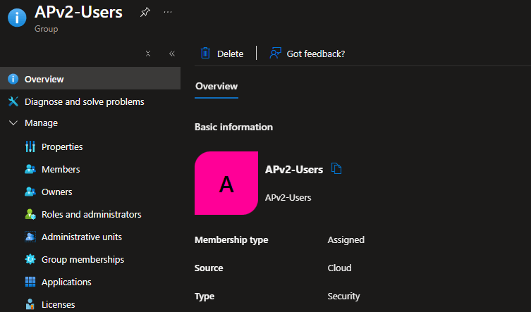 Screenshot of Entra Device group "APV2-Users" created for purpose of demonstration.
