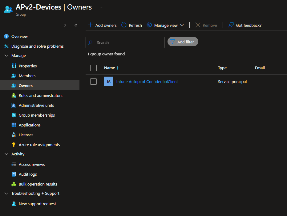 Screenshot of Entra Device group "APV2-Devices" with "Intune Autopilot ConfidentialClient" as an owner.