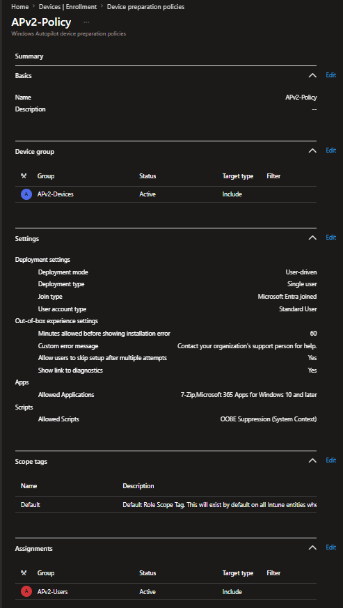 A screenshot of a device preparation policy called APV2-Policy. Details in the screenshot are in the table below the image.