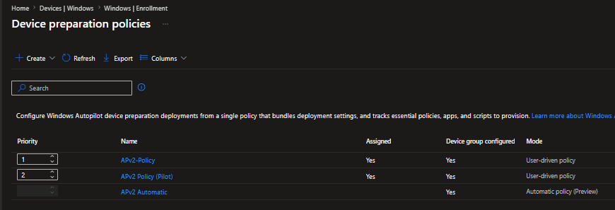 A screenshot example of device preparation policies ordered by priority.