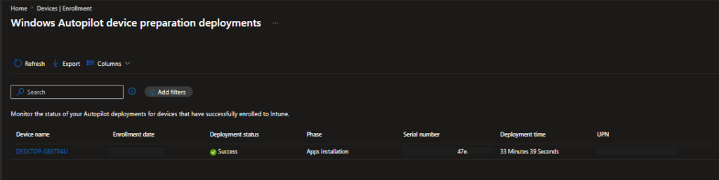 A screenshot within Intune of Windows Autopilot device preparation deployments showing the deployment status for the example device previously given (above).
