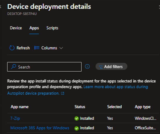 A screenshot within Intune showing the device used as an example and the apps that were deployed to it specifically as part of device enrollment.