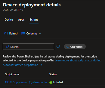 A screenshot within Intune showing the device used as an example and the scripts that were deployed to it specifically as part of device enrollment.