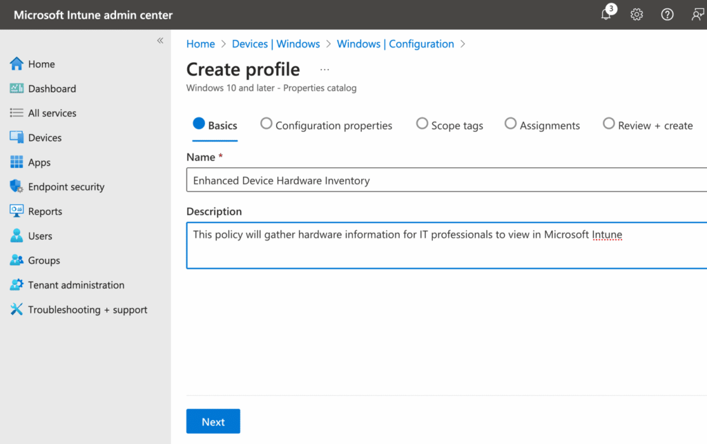 Device Hardware Inventory -  Profile Setup