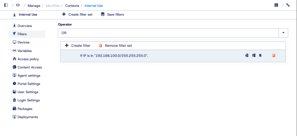 Application Workspace screenshot depicting the context configuration for a hypothetical internal network.