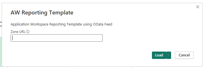 Screenshot showing the popup asking for the Zone URL as part of demoing the Application Workspace PowerBI Reporting Template
