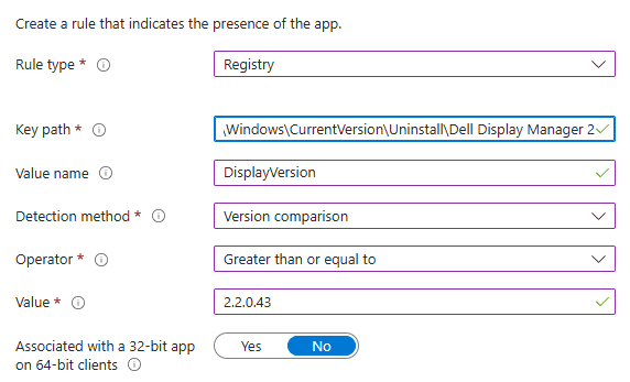 Detection Rules for Win32 Apps - Registry Rule