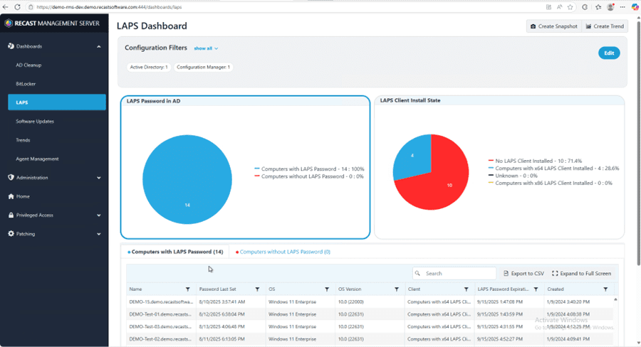 LAPS Dashboard in Recast Management Server
