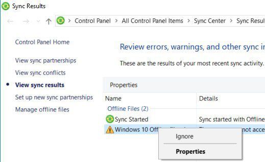 Windows 10 Offline Files - Sync Status - Ignore