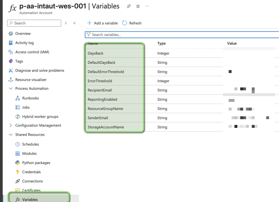 Deploy a Runbook to Monitor Intune App‑Installation Errors - Automation variables