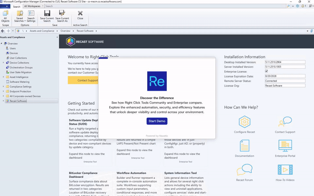 Right Click Tools dashboard comparing the enterprise version against the community (free) version.