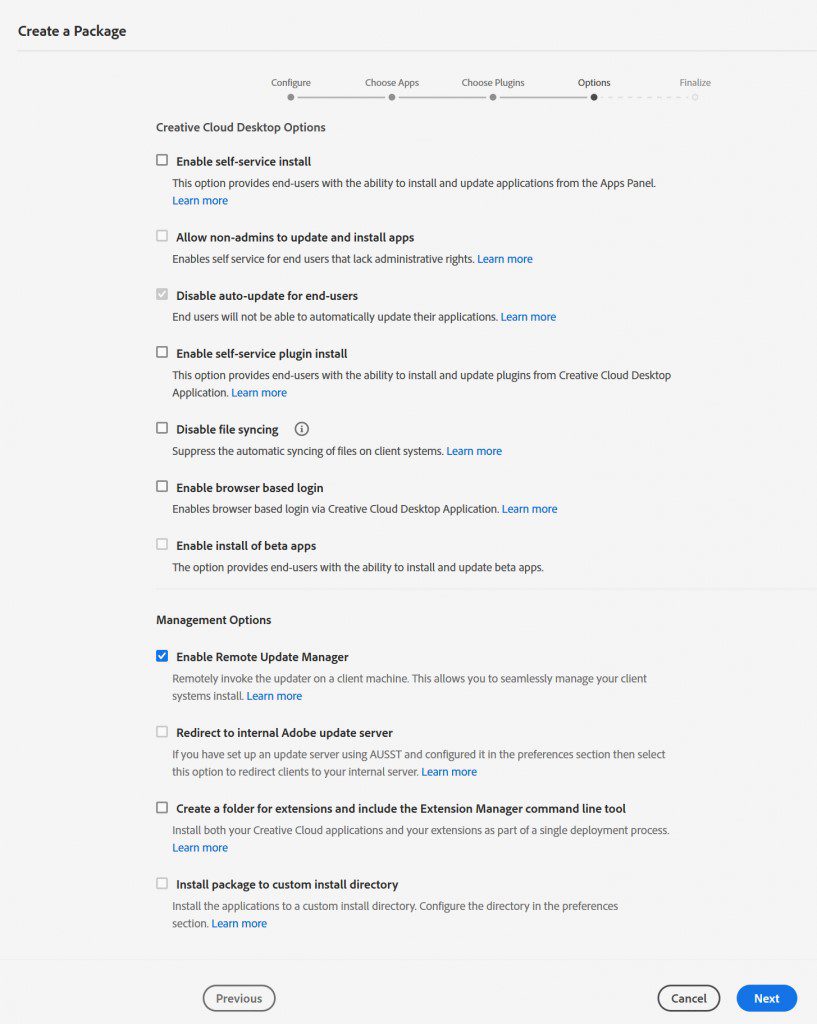 Create a Package - Creative Cloud Desktop Options