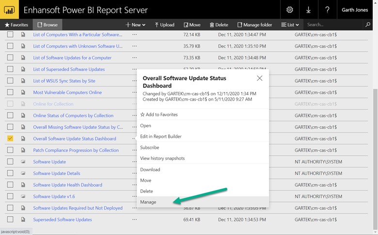 Default Report Parameters - Manage