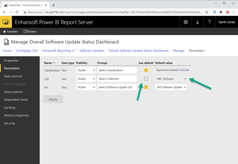 Default Report Parameters - Parameters Node