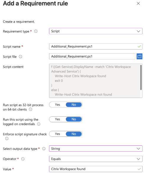 Screen showing how to add a requirement rule in Microsoft Intune