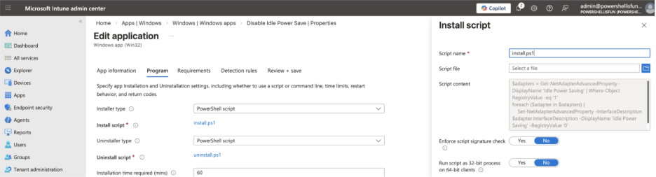PowerShell installer type shown within the Microsoft Intune Admin Center