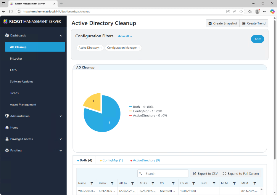 Recast Management Server Configuration - AD Cleanup Dashboard