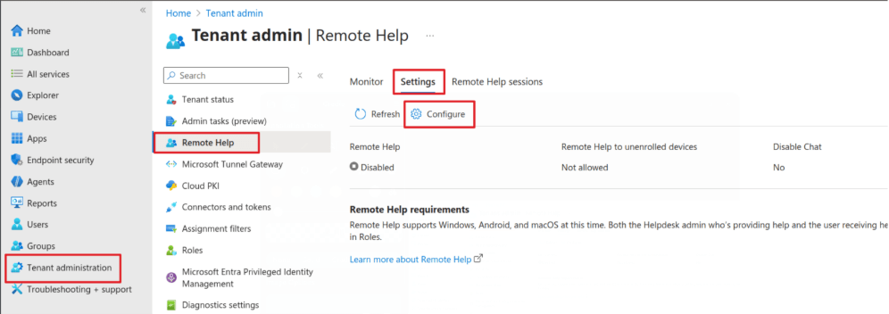 Set Up Remote Help - Tenant Admin Settings